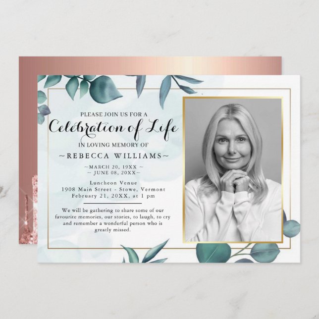 Elegant Eucalyptus Foliage Celebration of life Invitation (Front/Back)