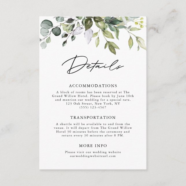 Elegant Eucalyptus Foliage Modern Script Wedding Enclosure Card (Front)