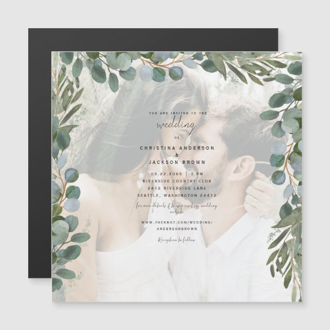 Elegant Eucalyptus Foliage Photo Wedding  Magnetic Invitation (Front/Back)