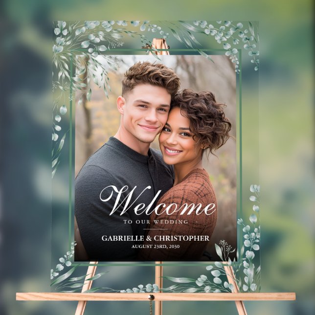 Elegant Eucalyptus Foliage Wedding Welcome Photo  Acrylic Sign (Neutral)