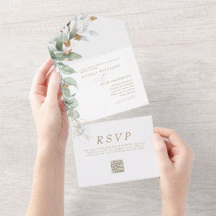 Elegant Eucalyptus Glam QR Code Wedding All In One Invitation