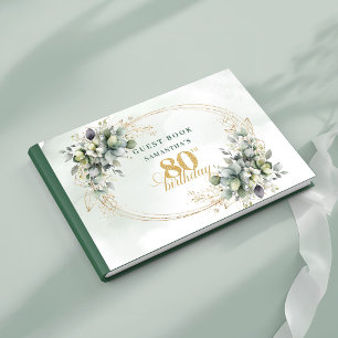 Elegant Eucalyptus Gold 80th Birthday Guest Book