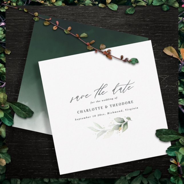 Elegant eucalyptus gold botanical budget wedding announcement (Creator Uploaded)