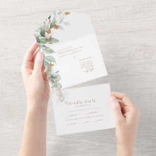 Elegant Eucalyptus & Gold Both Parents Wedding  All In One Invitation