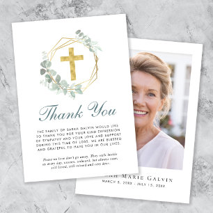 Elegant Eucalyptus Gold Cross Photo Memorial Thank You Card