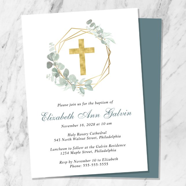 Elegant Eucalyptus Gold Cross Script Baptism Invitation (Creator Uploaded)
