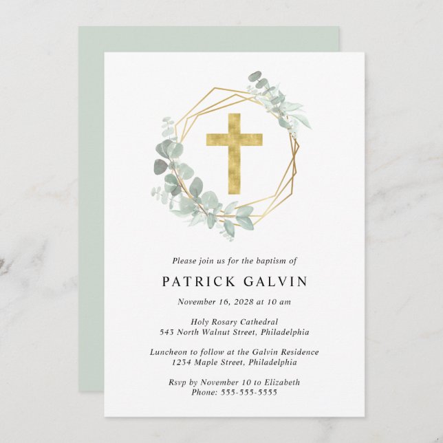 Elegant Eucalyptus Gold Cross Watercolor Baptism Invitation (Front/Back)