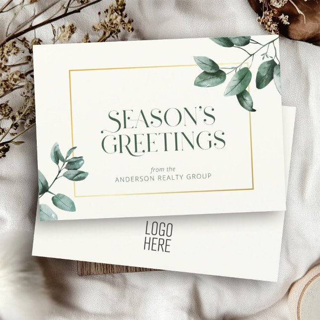 Elegant Eucalyptus Gold Frame Business Logo Holiday Card (Creator Uploaded)