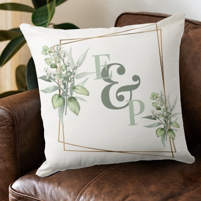 Elegant Eucalyptus Gold Frame Monogram Initials  Cushion (Creator Uploaded)