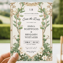 Elegant Eucalyptus Gold Frame Save the Date Card