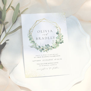 Elegant Eucalyptus & Gold Geometric Frame Wedding Invitation