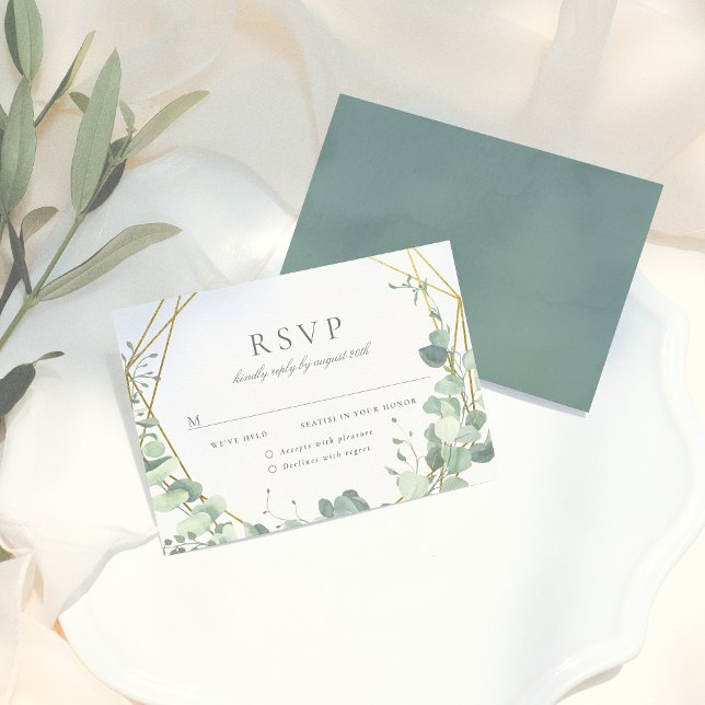 Elegant Eucalyptus & Gold Geometric Wedding RSVP Card (Creator Uploaded)