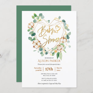 Elegant Eucalyptus Gold Heart Wreath Baby Shower Invitation
