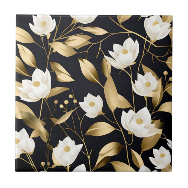 Elegant Eucalyptus Gold on Black Ceramic Tile (Front)