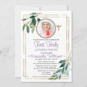 Elegant Eucalyptus Golden 1st Communion Invitation