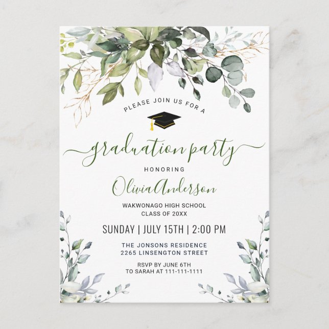Elegant Eucalyptus Graduation Party Invitation Postcard (Front)