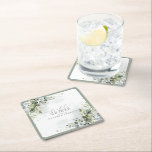 Elegant Eucalyptus Green Botanical Bridal Shower Square Paper Coaster<br><div class="desc">A unique bridal shower coaster, this trendy design features lush grey green botanical leaves and eucalyptus, and bordered in pale eucalyptus blue grey green. Personalise your bridal shower details in soft off-black, accented with beautiful modern hand lettered calligraphy. Part of a co-ordinated suite. See full collection here: https://www.zazzle.com/collections/elegant_eucalyptus_green_botanical_bridal_shower-119330045467288535 contact designer...</div>