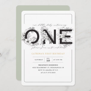 Elegant Eucalyptus Green Floral Girl 1st Birthday Invitation
