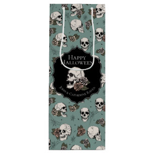 Elegant Eucalyptus Green Floral Skulls Halloween Wine Gift Bag