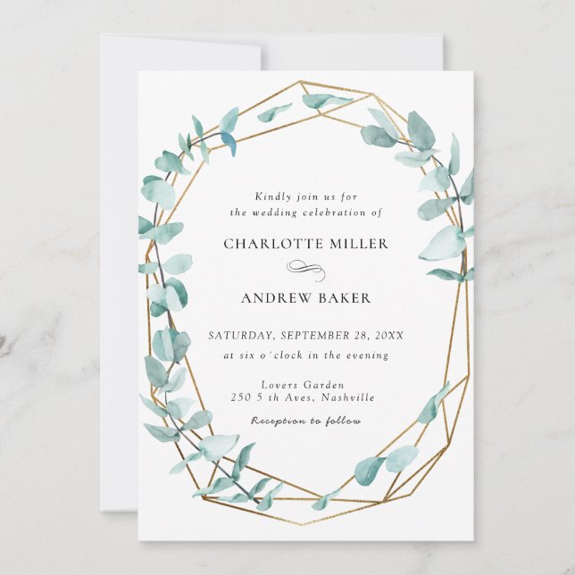 Elegant Eucalyptus Green Gold Invitation (Front)