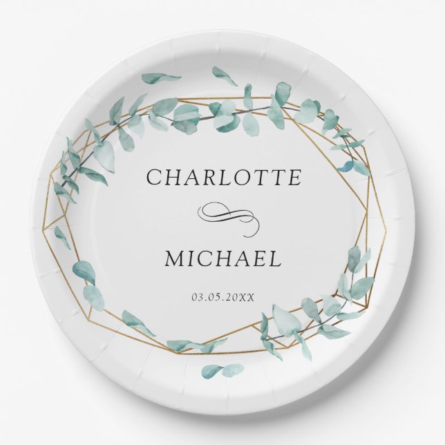 Elegant Eucalyptus Green Gold Paper Plate (Front)