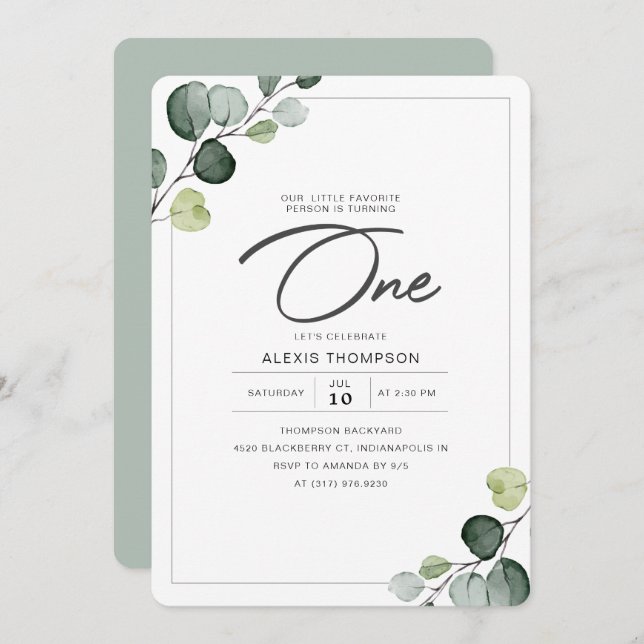 Elegant Eucalyptus Greenery 1st Birthday Party Invitation (Front/Back)