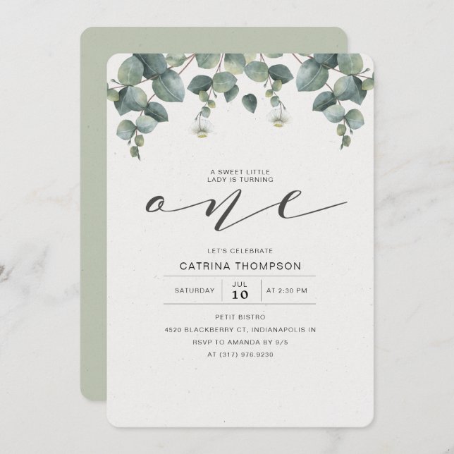 Elegant Eucalyptus Greenery 1st Birthday Party Invitation (Front/Back)