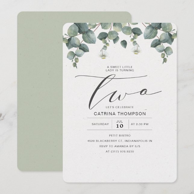 Elegant Eucalyptus Greenery 2nd Birthday Party Invitation (Front/Back)