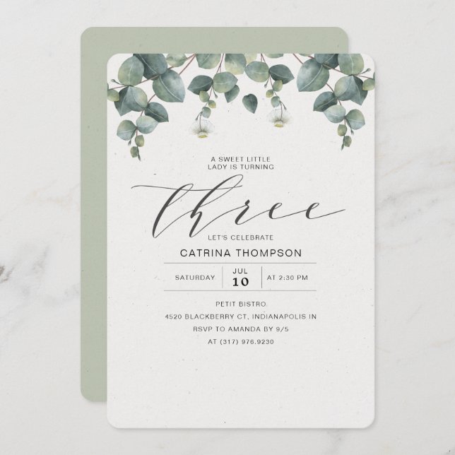 Elegant Eucalyptus Greenery 3rd Birthday Party Invitation (Front/Back)