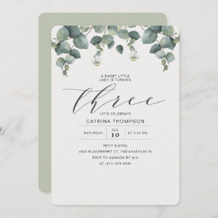 Elegant Eucalyptus Greenery 3rd Birthday Party Invitation