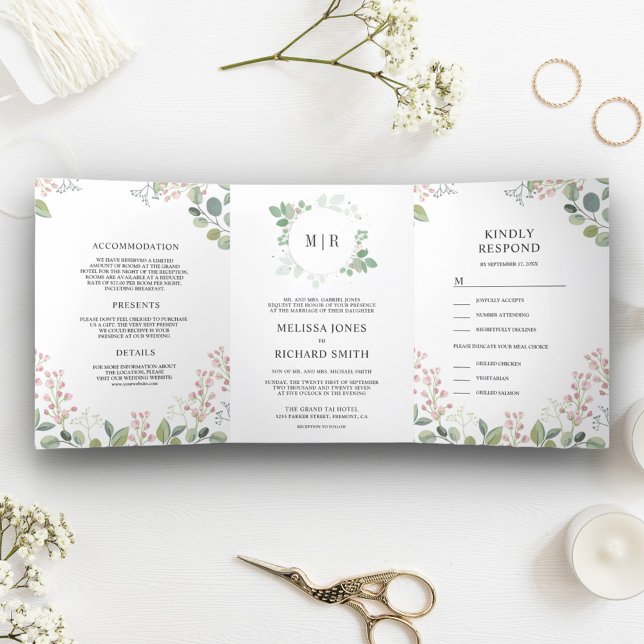 Elegant Eucalyptus Greenery All in One Wedding Tri-Fold Invitation (Creator Uploaded)