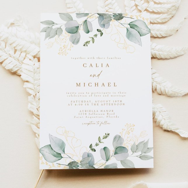 Elegant Eucalyptus Greenery and Gold Wedding Invitation (Creator Uploaded)