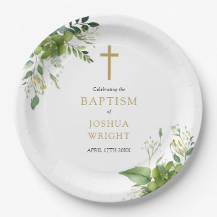 Elegant Eucalyptus Greenery Baptism Christening Paper Plate