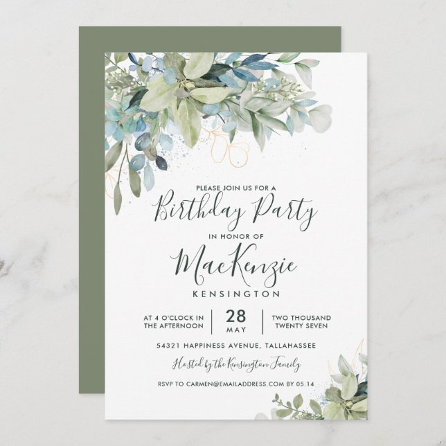 Elegant Eucalyptus Greenery Birthday Party Invitation (Front/Back)