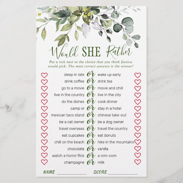 Elegant Eucalyptus Greenery Bridal Shower Game (Front)