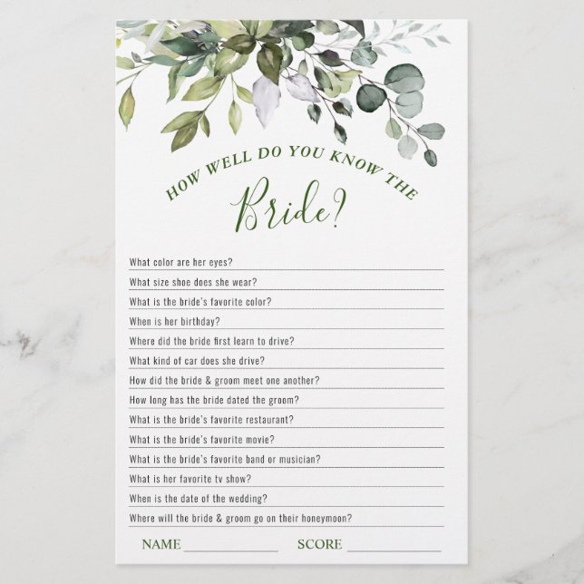Elegant Eucalyptus Greenery Bridal Shower Game (Front)