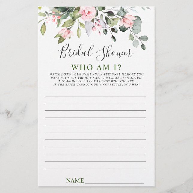 Elegant Eucalyptus Greenery Bridal Shower Game (Front)