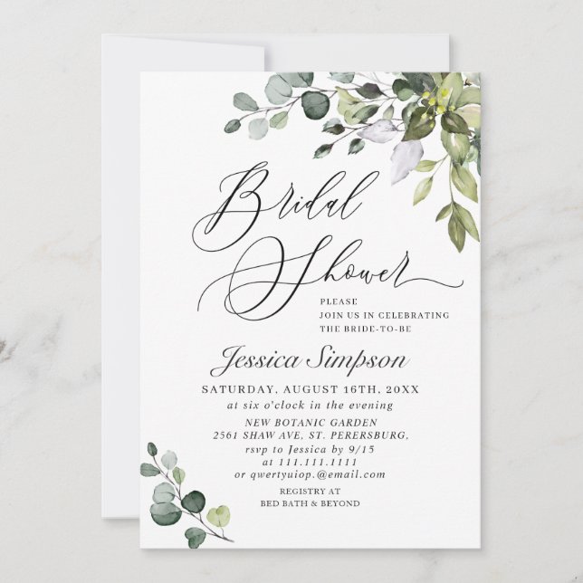 Elegant Eucalyptus Greenery Bridal Shower Invitation (Front)