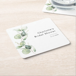 Elegant Eucalyptus Greenery Bridal Shower Square Paper Coaster