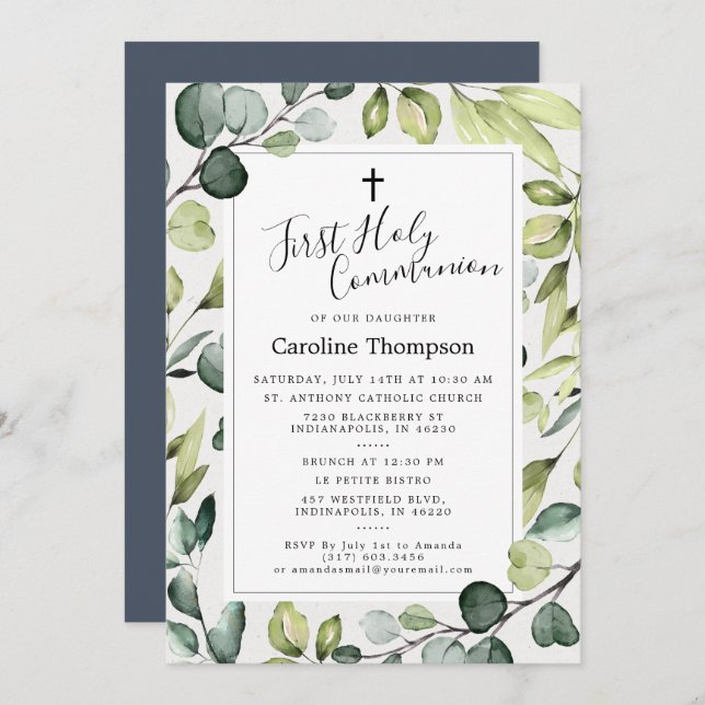 Elegant Eucalyptus Greenery First Holy Communion Invitation (Front/Back)