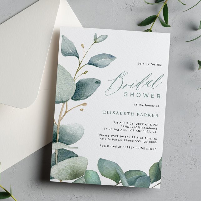 Elegant eucalyptus greenery foliage bridal shower invitation (Creator Uploaded)