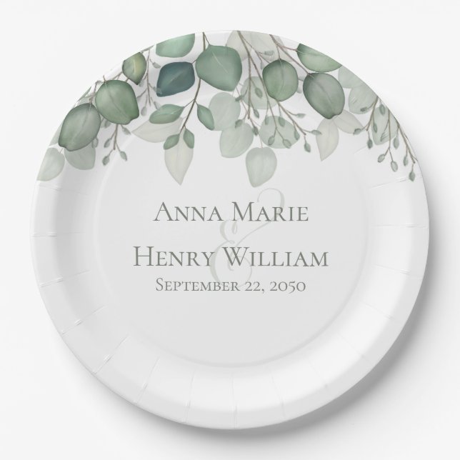 Elegant Eucalyptus Greenery Foliage Leaves Paper Plate (Front)