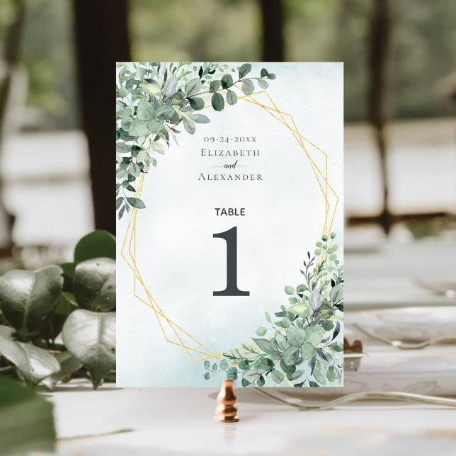 Elegant Eucalyptus Greenery Geometric Wedding Table Number (Creator Uploaded)