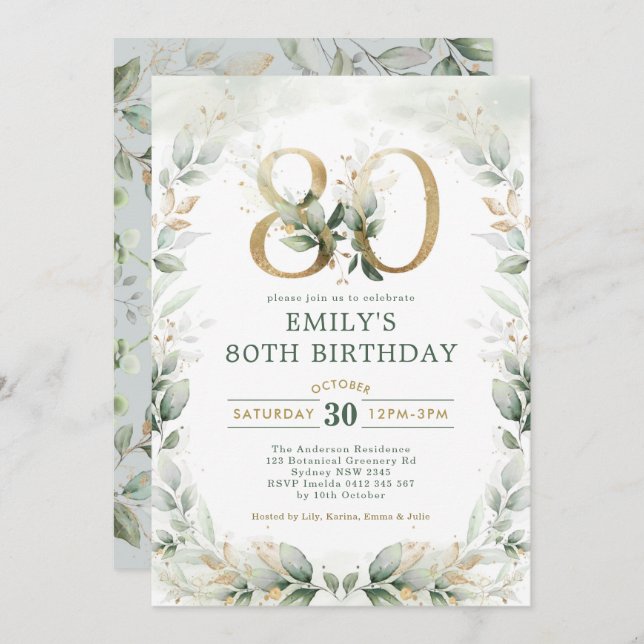 Elegant Eucalyptus Greenery Gold 80th Birthday Invitation (Front/Back)