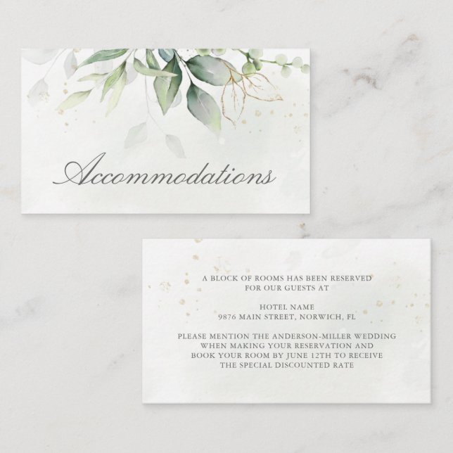 Elegant Eucalyptus Greenery Gold Accommodation Enclosure Card (Front/Back)