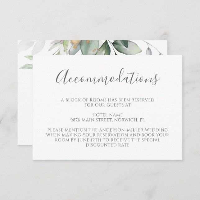 Elegant Eucalyptus Greenery Gold Accommodations Enclosure Card (Front/Back)