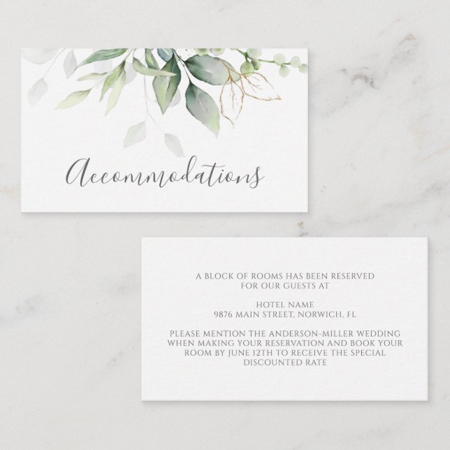 Elegant Eucalyptus Greenery Gold Accommodations Enclosure Card (Front/Back)