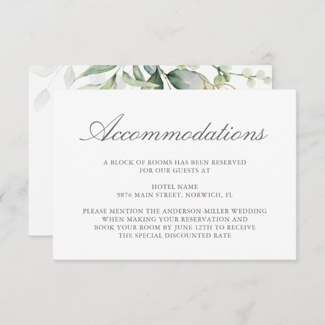 Elegant Eucalyptus Greenery Gold Accommodations Enclosure Card (Front/Back)