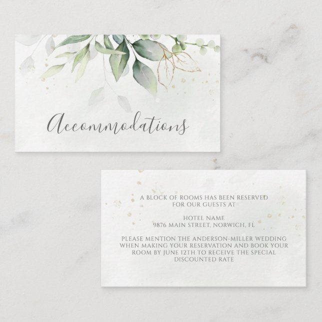 Elegant Eucalyptus Greenery Gold Accommodations Enclosure Card (Front/Back)