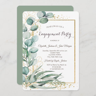 Elegant Eucalyptus Greenery Gold Frame Engagement Invitation